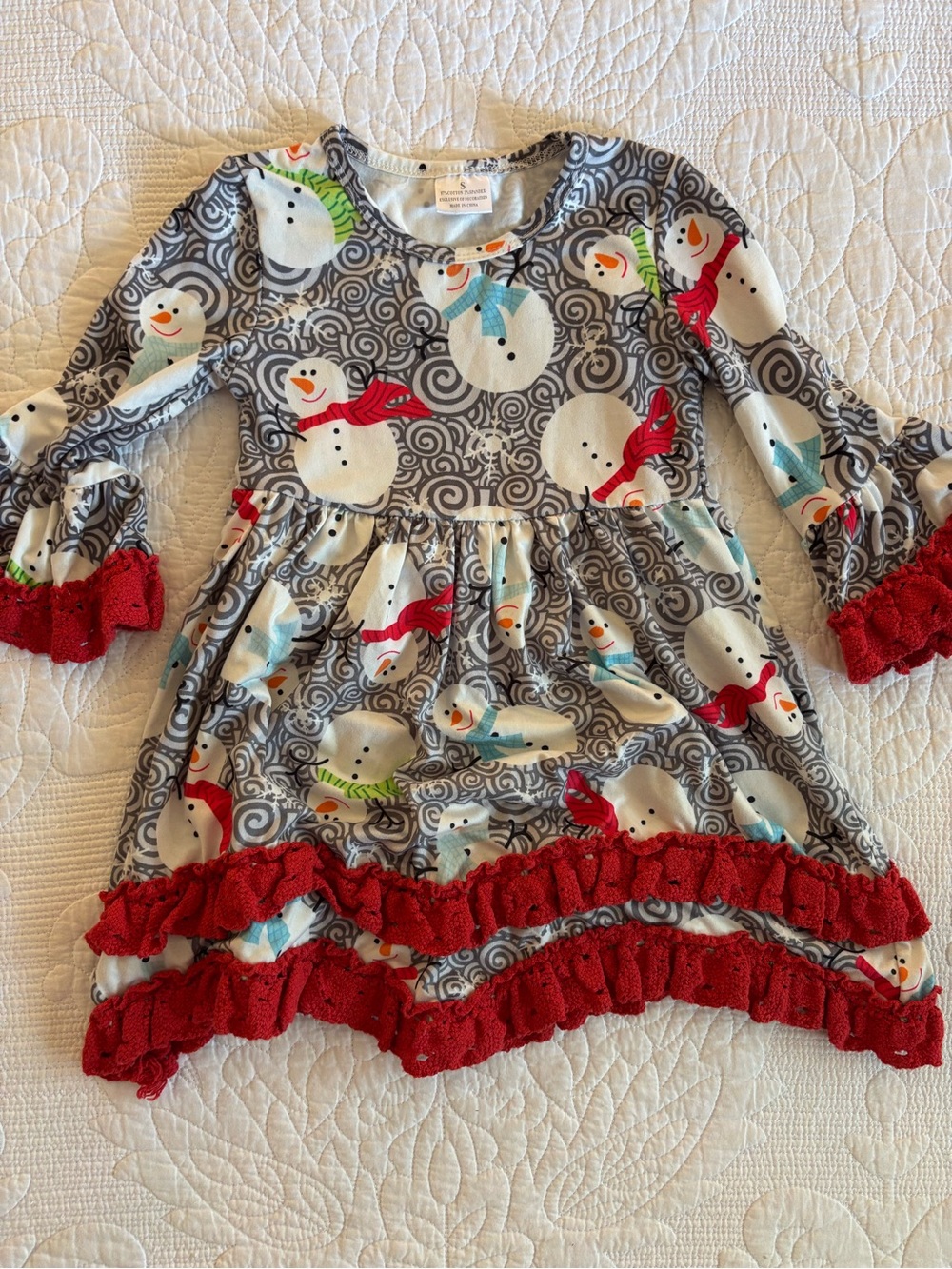 Girls Snowman Ruffle Tunic Dress - Gray, Red, Aqua